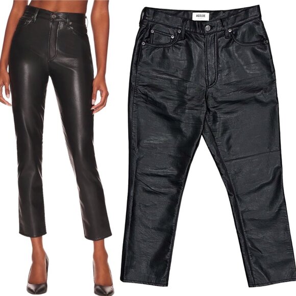 Agolde Recycled Leather Riley Long High Rise Straight Leg Pants in Detox Black - Picture 1 of 16